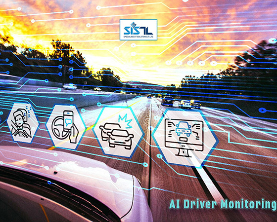 Specialised IT Solutions Ltd. Dar es Salaam, Tanzania. A cover image for a blog entitled: 5 Essential Benefits of AI Driver Monitoring Cameras. An image of a silver car with blue circuits and icons showing the features of an AI Driver Monitoring System.