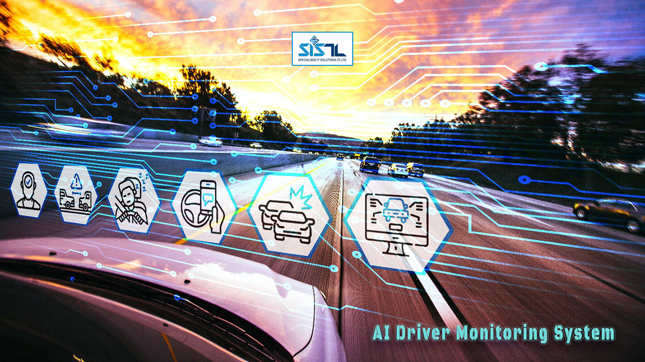 Specialised IT Solutions Ltd. Dar es Salaam, Tanzania. A cover image for a blog entitled: 5 Essential Benefits of AI Driver Monitoring Cameras. An image of a silver car with blue circuits and icons showing the features of an AI Driver Monitoring System.