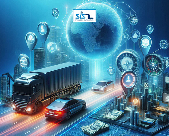 Specialised IT Solutions Ltd. Dar es Salaam, Tanzania. A cover image for a blog entitled: Vehicle Tracking: Increase Business Productivity and Profit. An image of vehicles with GPS location icons and a blue globe on a modern metropolis.