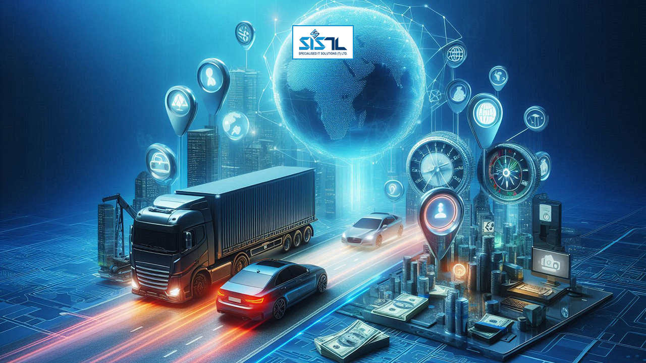 Specialised IT Solutions Ltd. Dar es Salaam, Tanzania. A cover image for a blog entitled: Vehicle Tracking: Increase Business Productivity and Profit. An image of vehicles with GPS location icons and a blue globe on a modern metropolis.