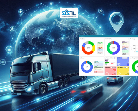 Specialised IT Solutions Ltd. Dar es Salaam, Tanzania. A cover image for a blog entitled: How GPS Tracker Can Help Streamline Your Fleet Operations. An image of blue-themed vehicles on a highway with a globe, and GPS location icon and a platform.