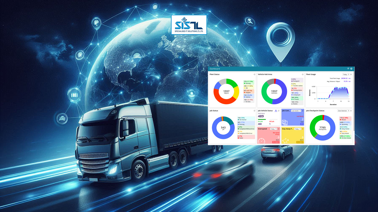 Specialised IT Solutions Ltd. Dar es Salaam, Tanzania. A cover image for a blog entitled: How GPS Tracker Can Help Streamline Your Fleet Operations. An image of blue-themed vehicles on a highway with a globe, and GPS location icon and a platform.