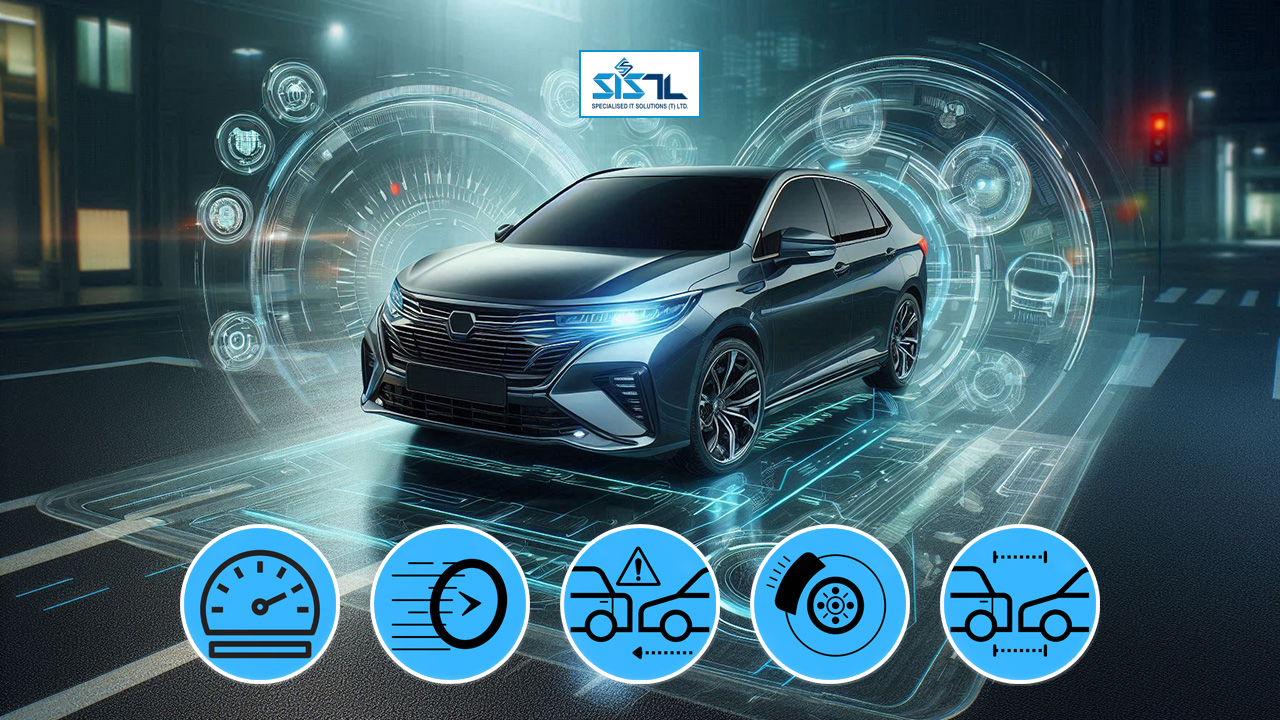 Specialised IT Solutions Ltd. Dar es Salaam, Tanzania. A cover image for a blog entitled: The Features of Advanced Driver Assistance Systems. An image of a black techy car with icons of ADAS features.