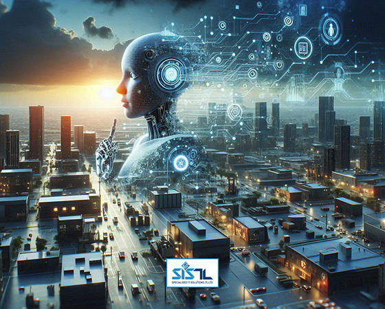 Specialised IT Solutions Ltd. Dar es Salaam, Tanzania. A cover image for a blog entitled: The Perils of AI: How Overreliance Leads to Potential Danger. An image of an AI figure with flowing circuits on top of a metropolis.