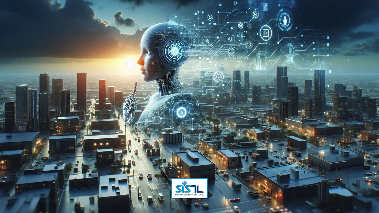 Specialised IT Solutions Ltd. Dar es Salaam, Tanzania. A cover image for a blog entitled: The Perils of AI: How Overreliance Leads to Potential Danger. An image of an AI figure with flowing circuits on top of a metropolis.