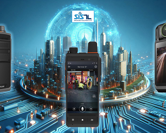 Specialised IT Solutions Ltd. Dar es Salaam, Tanzania. A cover image for a blog entitled: Find the Right Push-To-Talk for Your Business or Industry. An image of PTT phones with flowing circuits to the metropolis.