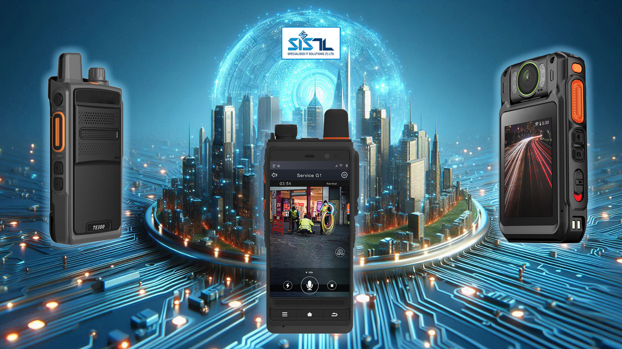 Specialised IT Solutions Ltd. Dar es Salaam, Tanzania. A cover image for a blog entitled: Find the Right Push-To-Talk for Your Business or Industry. An image of PTT phones with flowing circuits to the metropolis.