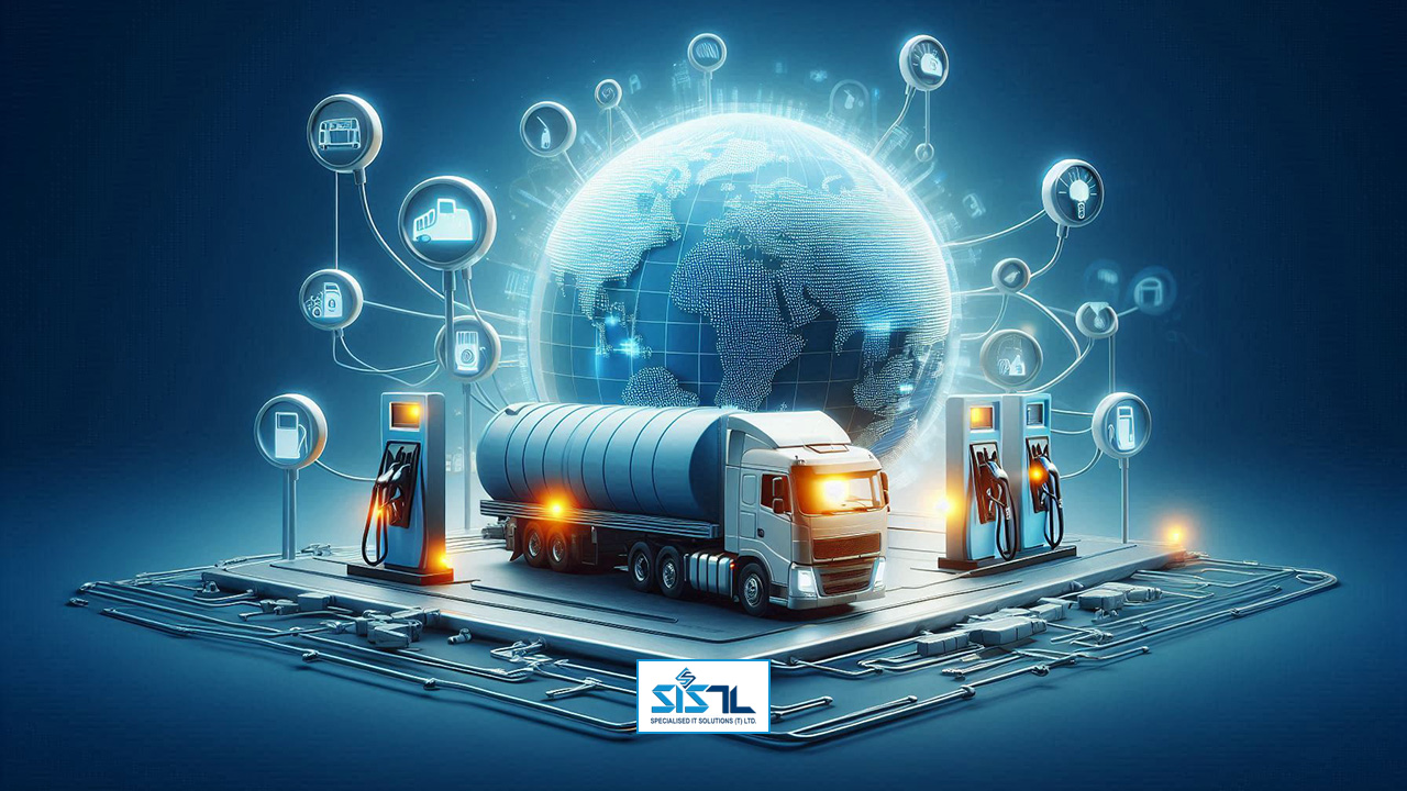 Specialised IT Solutions Ltd. Dar es Salaam, Tanzania. A cover image for the blog entitled: Fuel Management: The Backbone of Efficient Transportation. An image of a fuel tanker with a fuel station and a globe on top connecting to circuits of data.